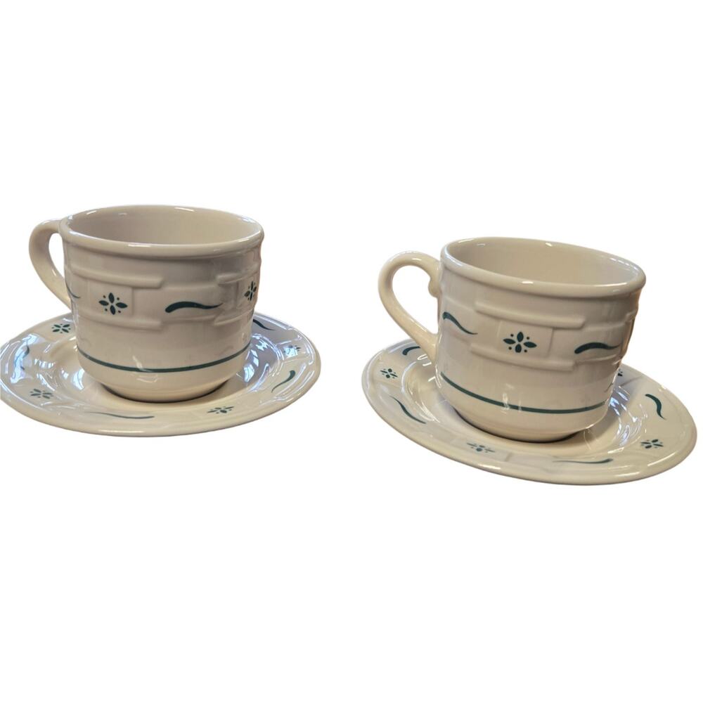 Longaberger Pottery Cup & Saucer Set 4pc Green Woven Traditions